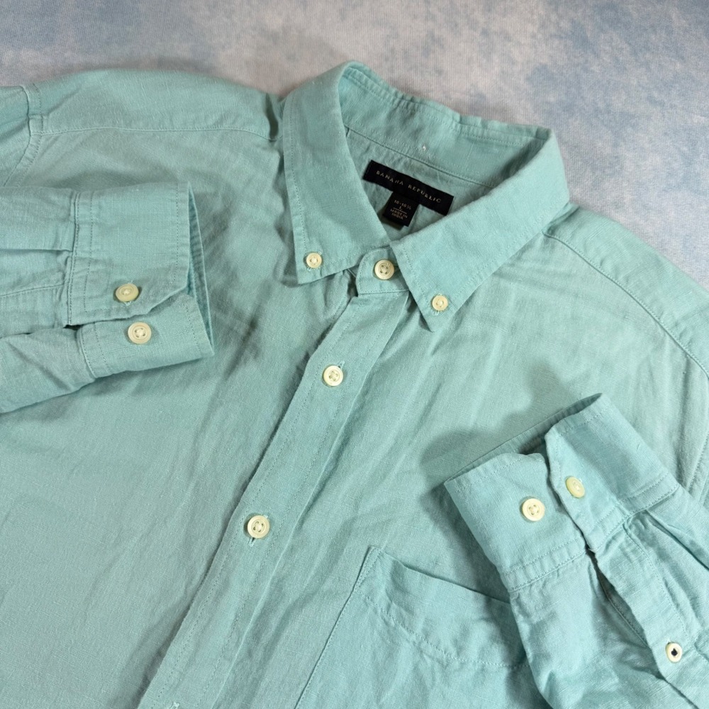 Banana Republic Button Down Mens Large Aqua Green Excellent Linen Blend LS